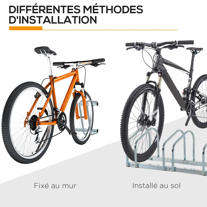 HOMCOM Râtelier 5 vélos range-vélos support de rangement pneu 65 mm sol ou mural pour VTT enfants BMX 145 x 33 x 27 cm acier argent