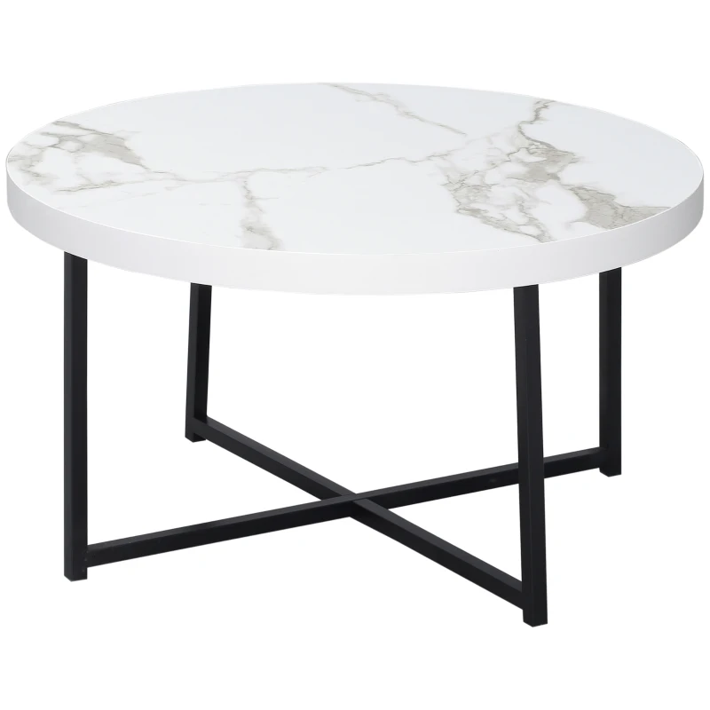 HOMCOM Mesa de Centro Mesa de Salón Redonda con Encimera Símil Mármol y Marco de Metal Estilo Moderno 80x80x45 cm Blanco