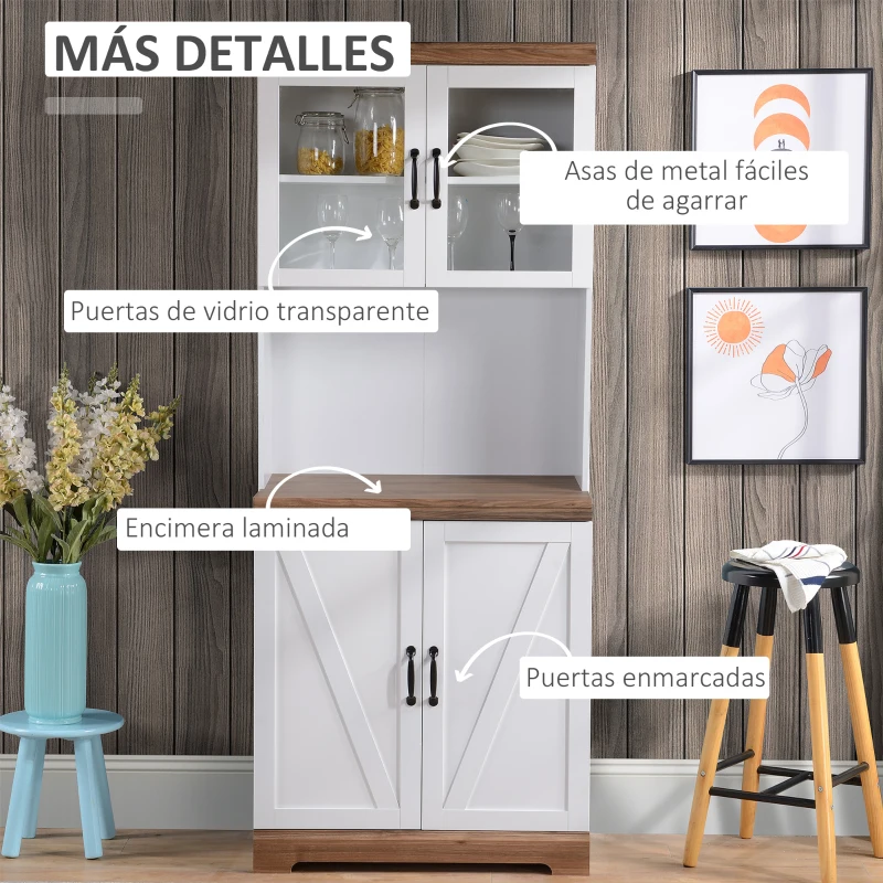 HOMCOM Aparador Alacena de Cocina Mueble Auxiliar con 2 Puertas de Vidrio y Baldas Ajustables 72x40x178 cm Blanco