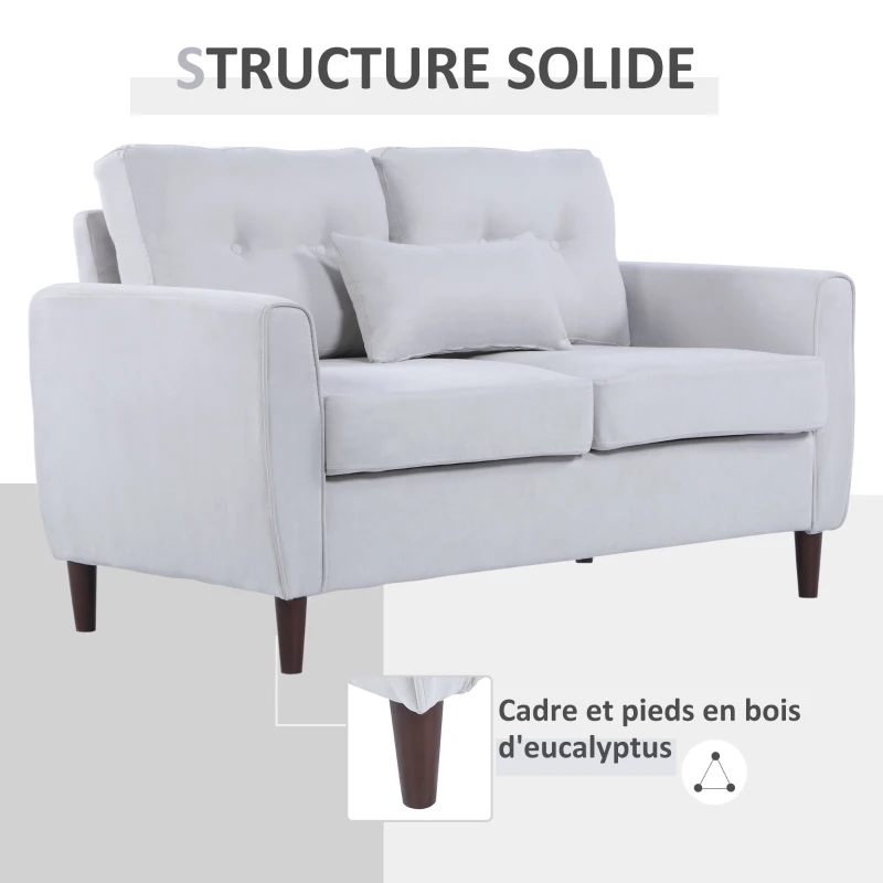 HOMCOM Canapé 2 Places Grand Confort dim. 140L x 78l x 83H cm Coussin déco. Inclus Pieds Bois Massif Eucalyptus Tissu Lin Gris Clair