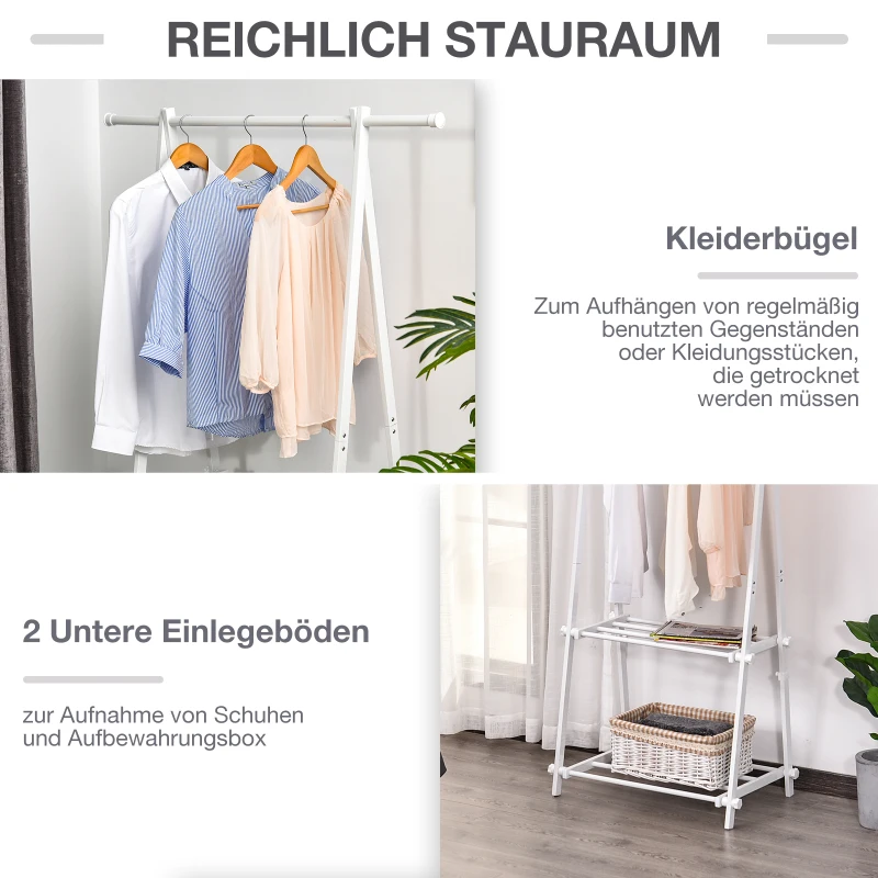 HOMCOM Kleiderständer mit Schuhablage, Kleiderstange, Garderobenständer, Stahl, Weiß, 107,5 x 45 x 150