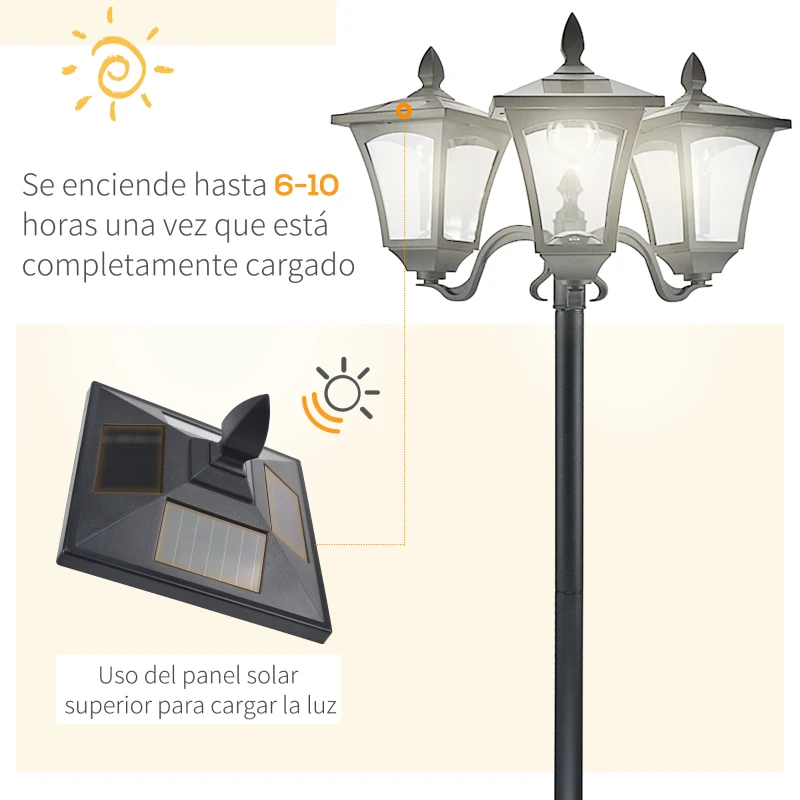 Outsunny Conjunto de 2 Farolas Solares de Exterior con 3 Luces LED Impermeable IP44 para Camino Terraza 51,5x47x182,5 cm Negro