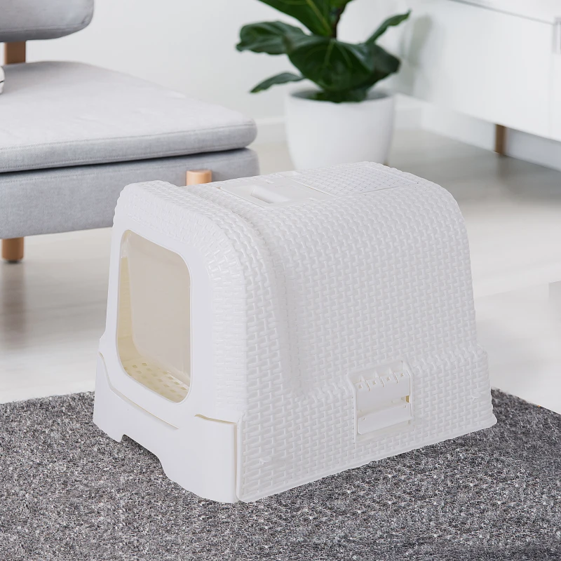 PawHut Katzentoilette mit ausziehbarer Schale, Katzenklo mit Schaufel, Tragbar, PP, Weiß, 54 x 42 x 41 cm