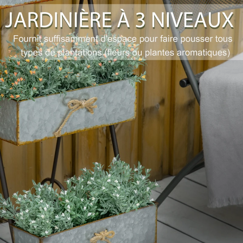 Outsunny Jardinière Chariot sur Pied 3 Niveaux Style Rural Chic - Pliable - 2 poignées et Roues - nœuds de Corde métal martelé Effet Vieilli