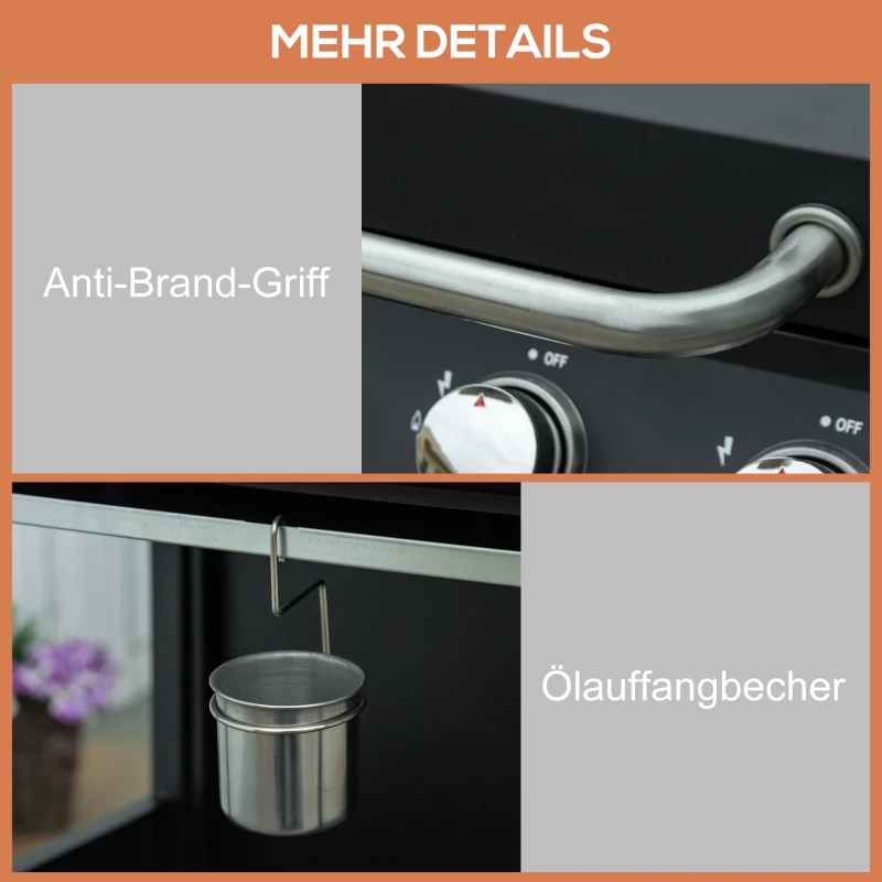Outsunny Gasgrill BBQ mit 3 Brennern je 3 kw mobiler Grillwagen mit 4 Rädern Grillnetz Seitentischen Druckminderer Schläuche Schrank Multifunktion Metall Schwarz 132,4cm x 55cm x 109cm