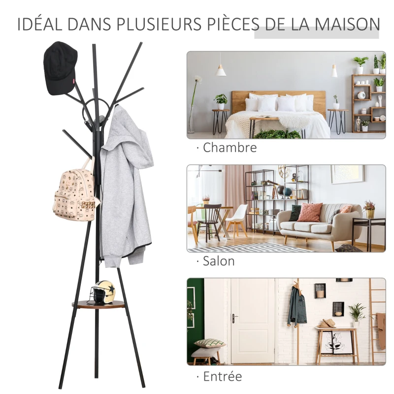 HOMCOM Porte-manteau trépied design contemporain branches étagère + 9 patères dim. 45L x 45l x 180H cm métal marron
