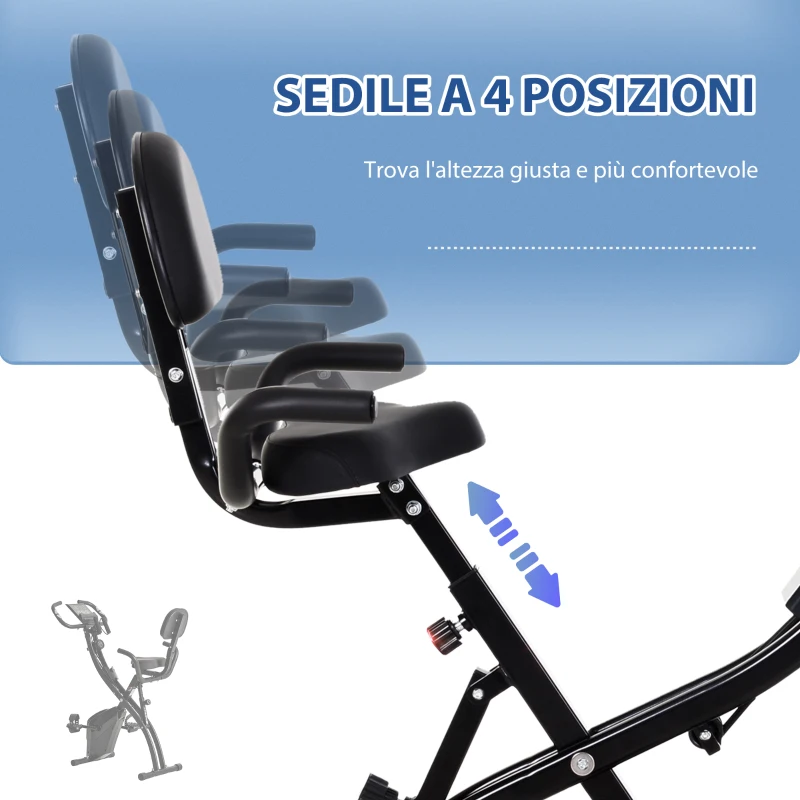 HOMCOM Cyclette Pieghevole 2 in 1, Resistenza Magnetica Regolabile 8 Livelli, Cyclette da Casa Silenziosa con Sensore di Frequenza Cardiaca, Elastici per Braccia, Schermo LCD, Volano 2.5kg, Nero