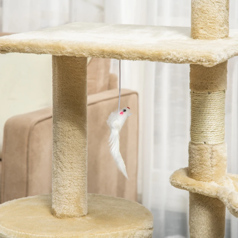 PawHut Árbol para Gatos de 134,2 cm con Nidos Plataformas Casetas Ratón de Juego Hamaca y Postes de Sisal 50x35x134,2 cm Beige