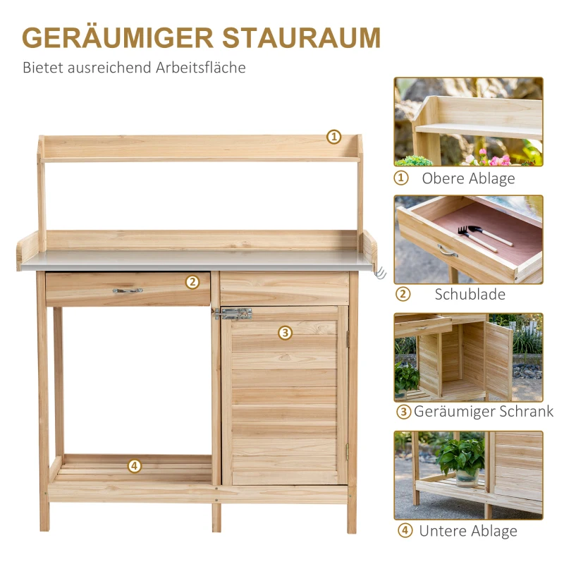 Outsunny Pflanztisch mit verzinkter Arbeitsplatte Gärtnertisch mit Schublade Schrank Garten Arbeitstisch Massivholz Natur 112 x 48 x 125 cm
