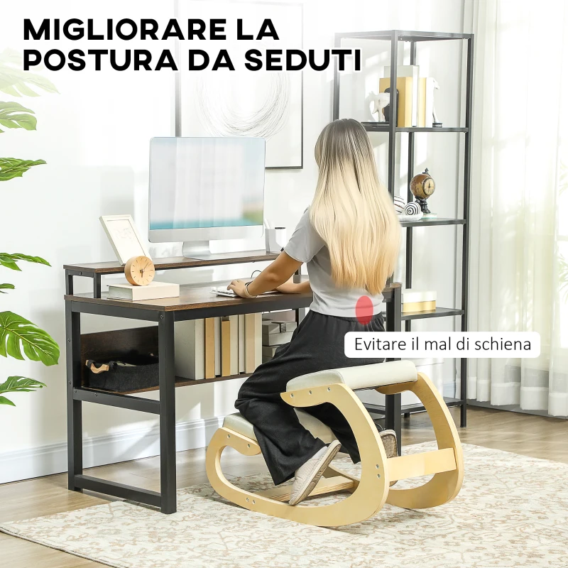 HOMCOM Sedia Inginocchiatoio con Movimento a Dondolo, in Tessuto Effetto Lino e Legno di Betulla, 55x85x55 cm, Crema