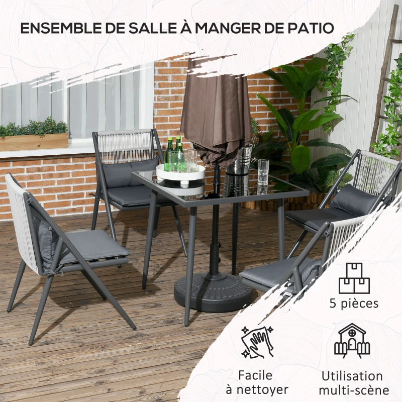 Outsunny Ensemble de jardin 4 chaise et 1 table salon de jardin 5 pièces avec coussins plateau en verre trempé gris foncé