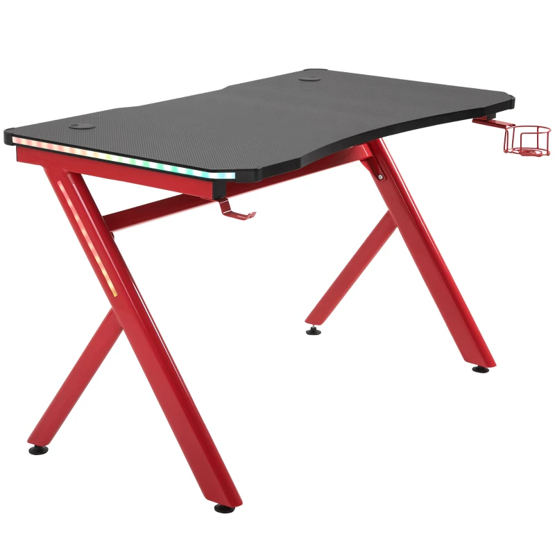 HOMCOM RGB Gaming Desk Computer Table Metal Frame with LED Light, Cup Holder, Headphone Hook, Cable Hole, Red