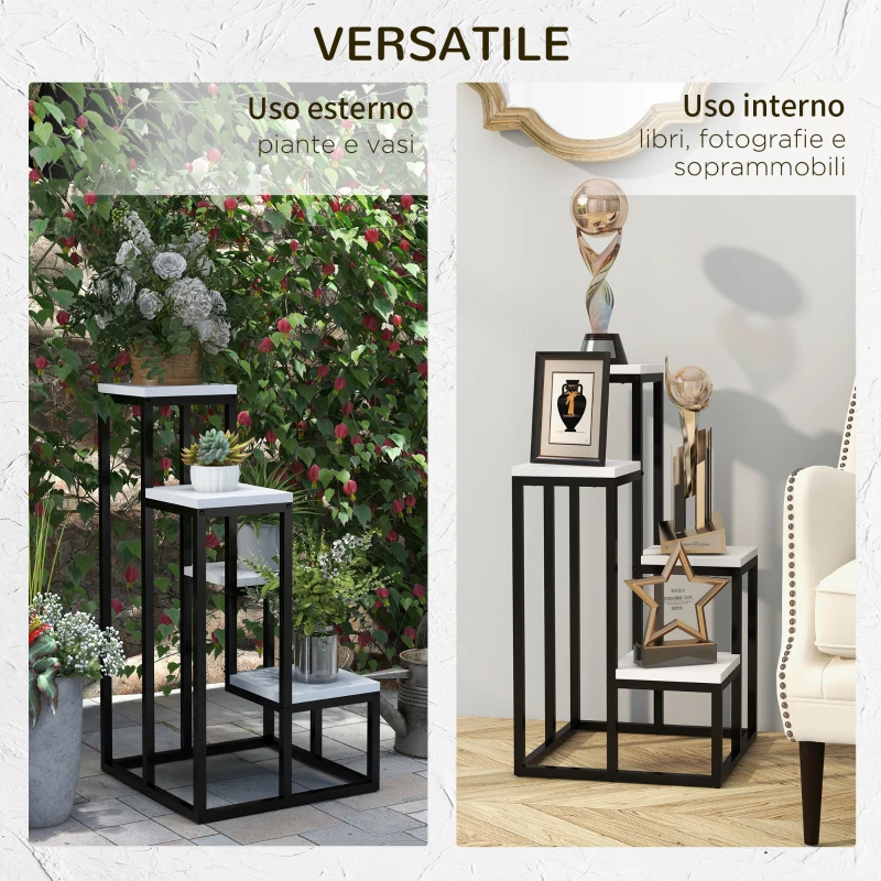 Outsunny Scaffale per Piante a 4 Livelli in Acciaio e Legno, 34x34x70cm, Bianco e Nero