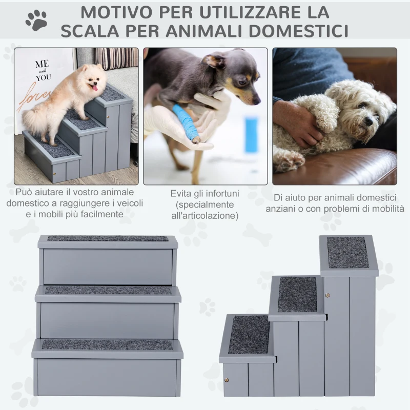 PawHut Scaletta per Cani a 3 Gradini con Tappeto Antiscivolo e Spazio Interno, 40.5x44.5x38cm, Grigio