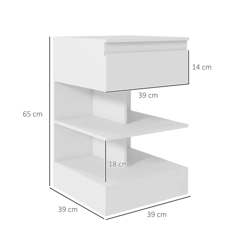 HOMCOM Comodino Moderno in Truciolato e MDF con un Cassetto e 2 Ripiani, 39x39x65 cm, Bianco