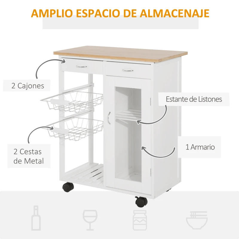 HOMCOM Carro de Cocina Multiusos Carrito Auxiliar con Ruedas para Dormitorio con Estantes Cestas Cajones 70x37x85cm Madera
