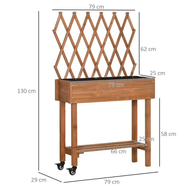 Outsunny Hochbeet, integriertes Spalier, Ablageregal, Räder, Massivholz, braun, 79 x 29 x 130 cm