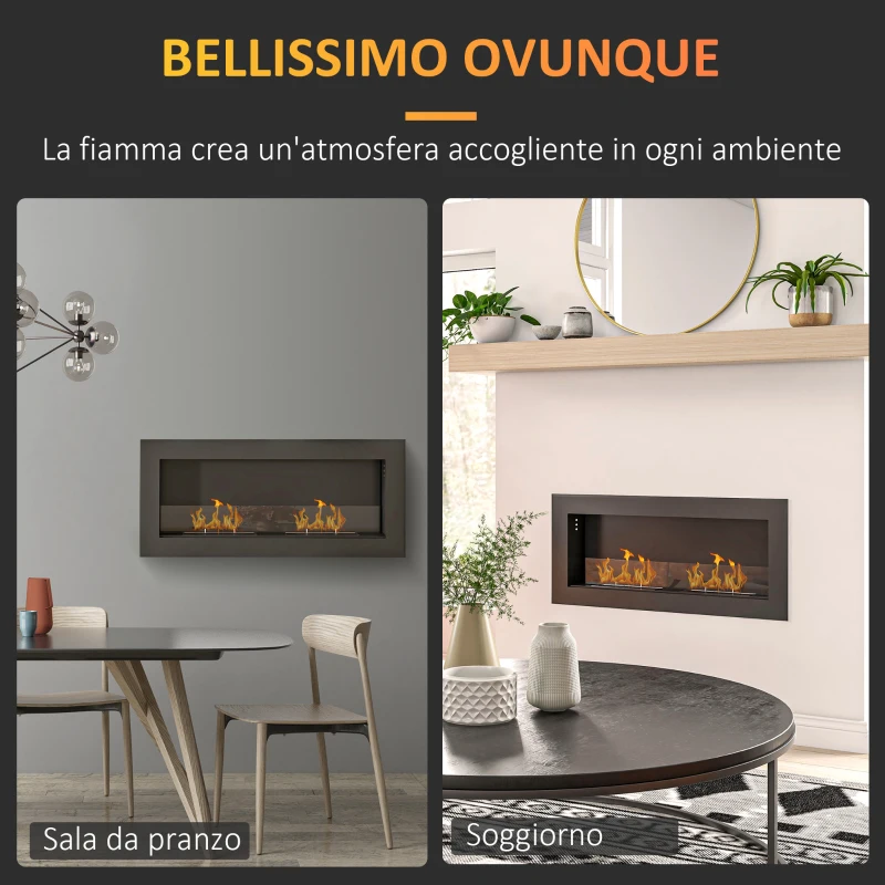 HOMCOM Camino a Bioetanolo da Incasso in Acciaio Inox, 2 Bruciatori da 0.85L per 3 Ore di Durata, 90x15x40cm, Nero