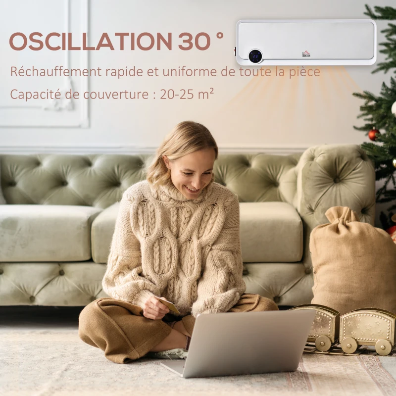 HOMCOM Radiateur mural soufflant oscillant 2000 W - chauffage céramique PTC - 3 niveaux de puissance - télécommande incluse blanc argenté