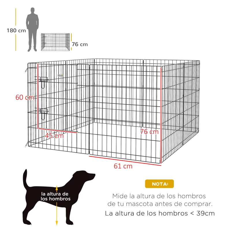 PawHut Corralito para Perros de 8 Paneles 76x61 cm Forma Personalizada con Puerta y Doble Cerradura para Jardín Patio Negro