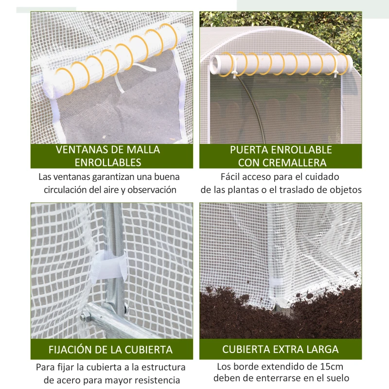 Outsunny Invernadero de Túnel 400x200x200 cm Invernadero de Jardín con Puerta Enrollable y 6 Ventanas PE 140 g/m² Anti-UV Blanco(m-5)