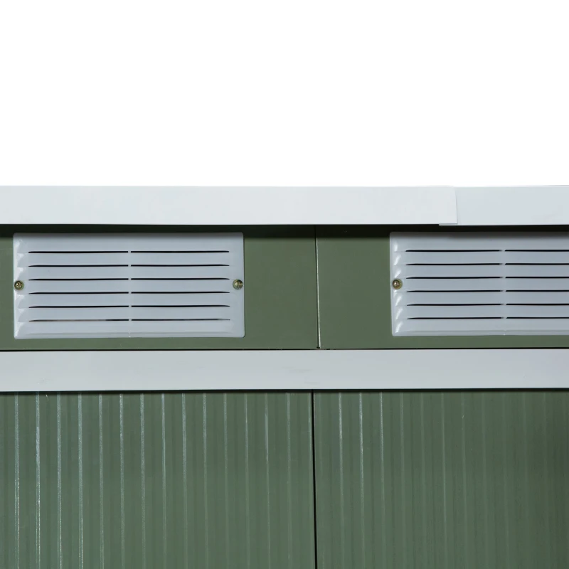 Outsunny Metall Gerätehaus 6,3m³ 280x130x172cm Geräteschuppen mit Pultdach Schiebetür wetterfest Gartenhaus Outdoor Garten Schuppen Schrank für Hinterhof Außenbereich Anthrazit, Hellgrün