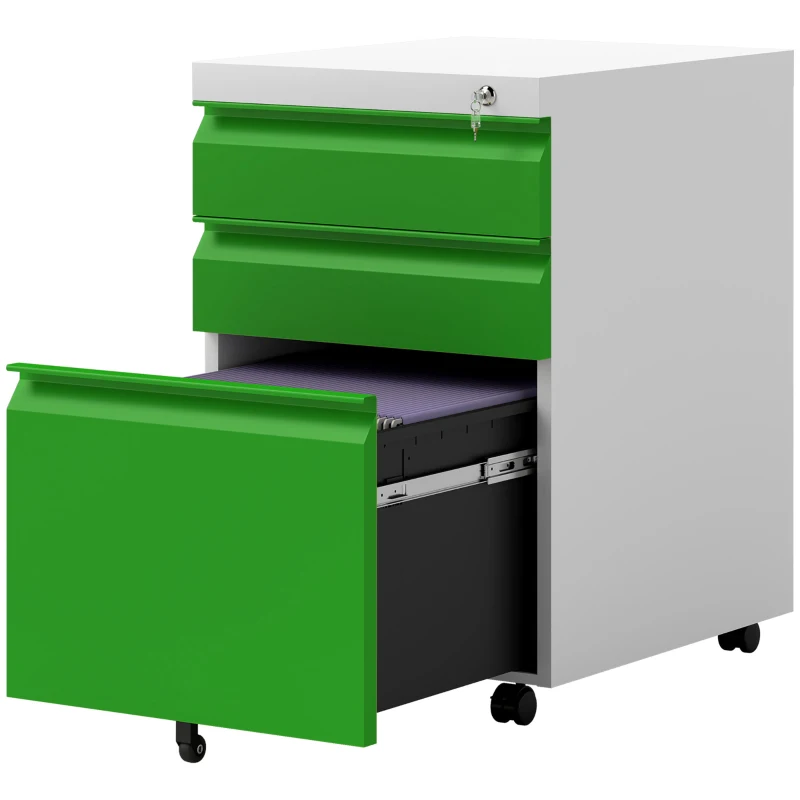 Vinsetto 3 Drawer Filling Cabinet, Mobile Metal File Cabinet with Anti-tilt Design for Letter, A4, Legal Size, Green