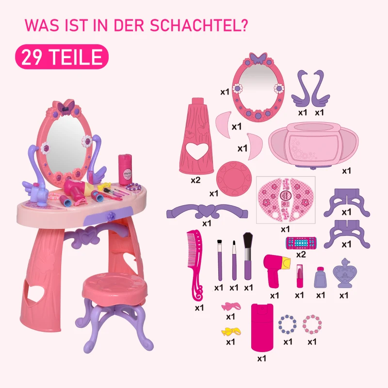 HOMCOM Kinderschminktisch Frisiertisch mit Hocker 5 Musikstücke Licht Mädchen Kosmetik Spiegel Infrarotsensor Rosa 49,5x23,5x69,5 cm