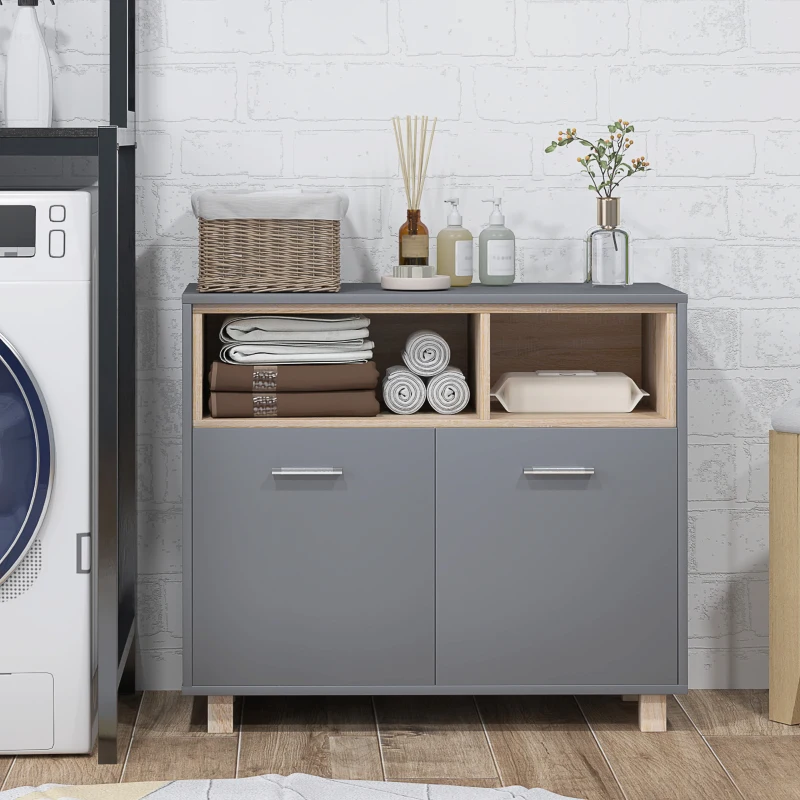 HOMCOM Mobiletto Bagno Moderno con Vani Aperti e Armadietto a 2 Ante, 80x35x70 cm, Grigio