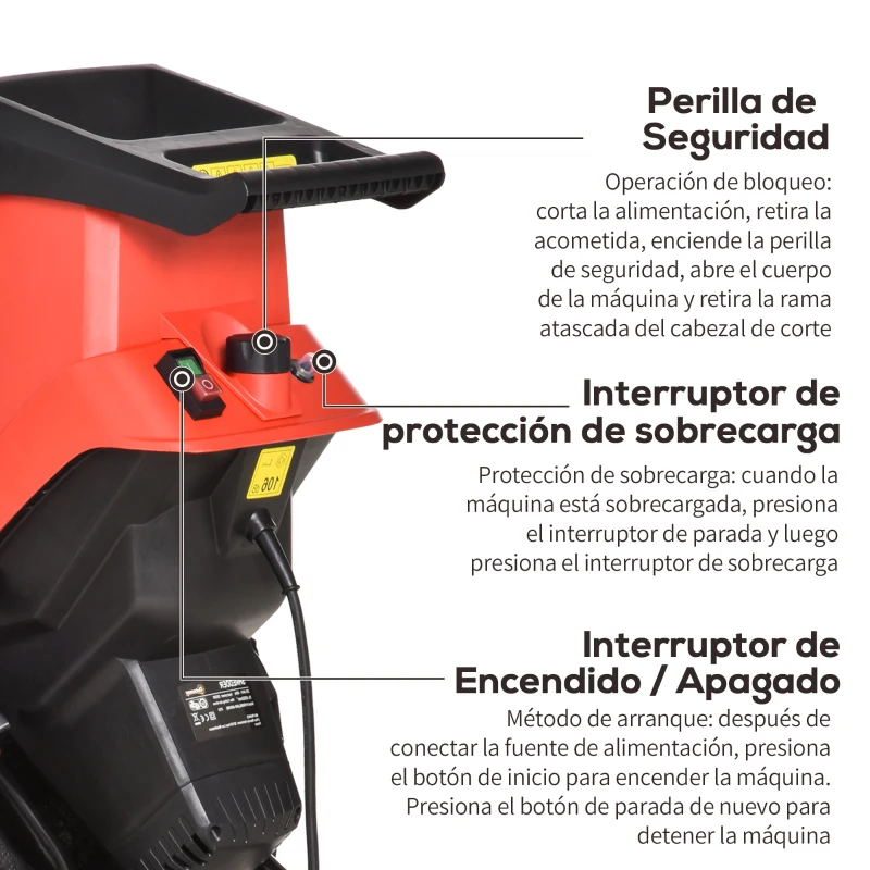 Outsunny Trituradora de Jardín 2500W con 2 Cuchillas de Volteo hasta Ø40 mm de Ramas Bolsa de Recolección de 50L y Ruedas para Malas Hierbas 52x39x89 cm Negro y Rojo