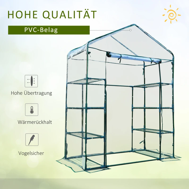 Outsunny Rechteckiges Garten- und Terrassengewächshaus 143x73x195cm, Transparente PVC-Platte und 8 Einlegeböden, aufklappbare Rolltür