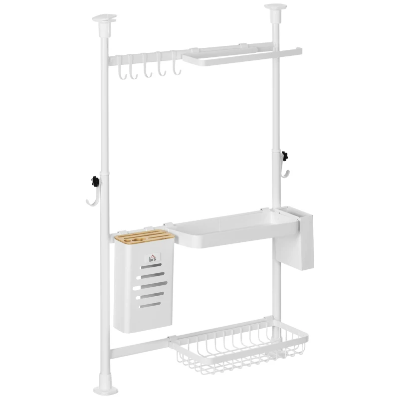 HOMCOM Abtropfgestell, höhenverstellbar, mit Küchenrollenhalter, Messerhalter, Haken, rostfreier Metallrahmen, Weiß