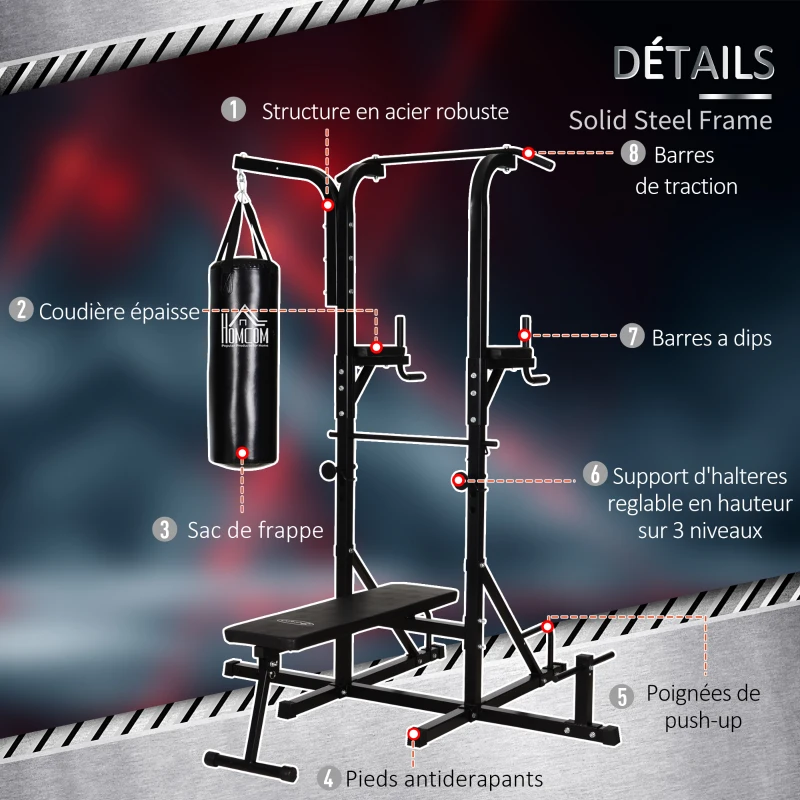 HOMCOM Station de musculation Fitness entrainement complet - barre de traction, à dips, banc de musculation pliable, poignées push-up, sac de frappe - acier noir