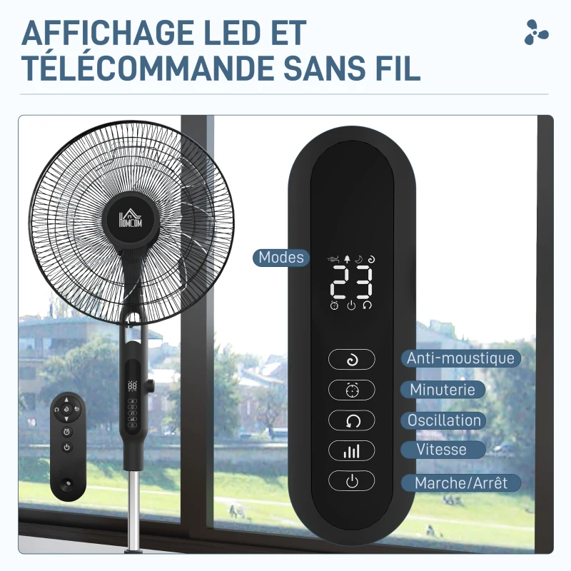 HOMCOM Ventilateur sur pied Ø 42cm 40W 3 modes 28 vitesses, fonction anti-moustique, hauteur réglable oscillant 75° noir
