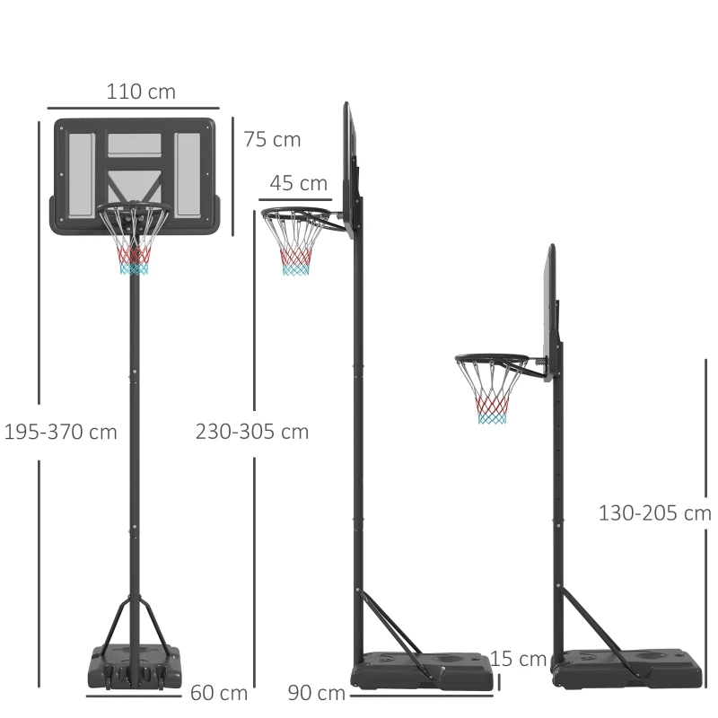 SPORTNOW Canasta de Baloncesto de Exterior 2 en 1 con Altura Ajustable 230-305 cm Aro de Baloncesto con Soporte Ruedas Base Negro