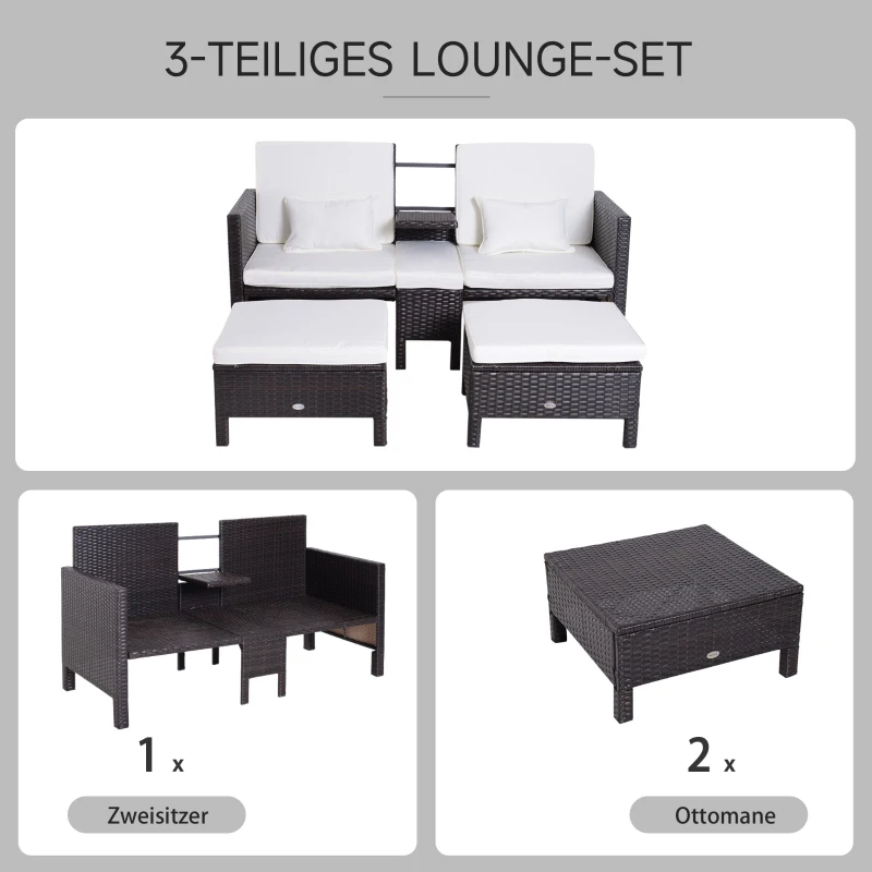 Outsunny 3-tlg. Gartensofa Gartenmöbel Lounge Gartenset Sitzgruppe Rattenmöbel Braun Polyrattan + Metall 2er-Sofa 2 x Hocker Kissen
