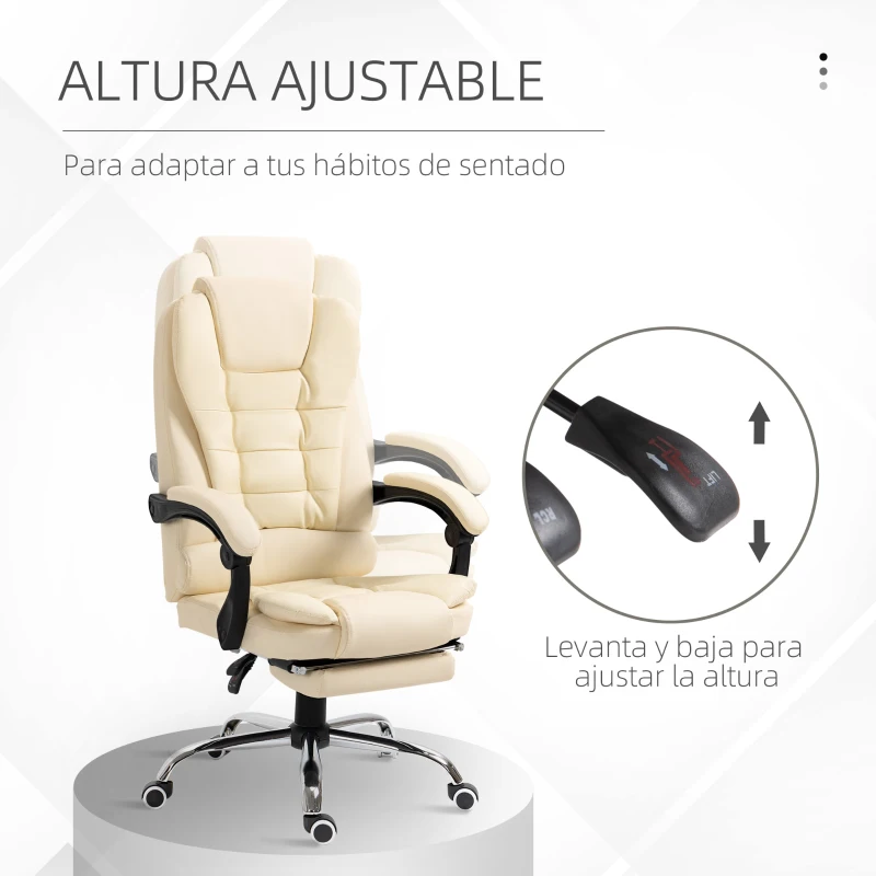 HOMCOM Silla de Escritorio con Reposapiés Silla Ejecutiva Giratoria con Altura Ajustable Tapizada en PU y Reposabrazos Crema