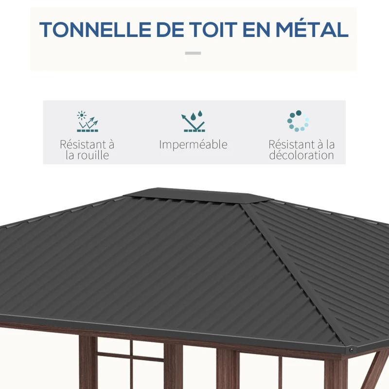 Outsunny Tonnelle pavillon de jardin avec toit rigide 364 x 299 x 280 cm structure en métal marron gris