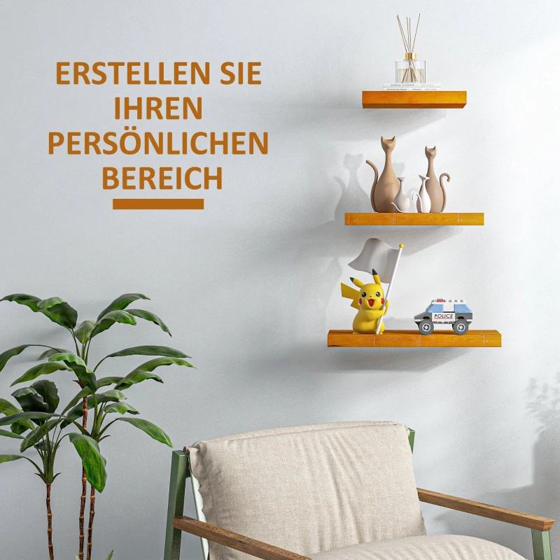 HOMCOM 3-er Set Wandregale Schweberegal Wandregal, 50 cm x 18 cm x 3,6 cm, Kiefernholz, Braun