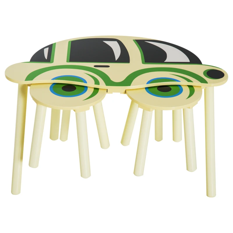 HOMCOM Ensemble table et chaises enfants design voiture MDF bois de pin beige vert