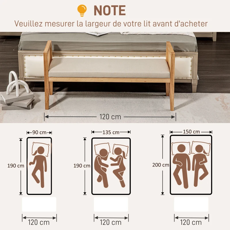 HOMCOM Banc bout de lit en tissu aspect lin avec accoudoirs en rotin et cadre en bois massif 120 x 38 x 61,5 cm beige