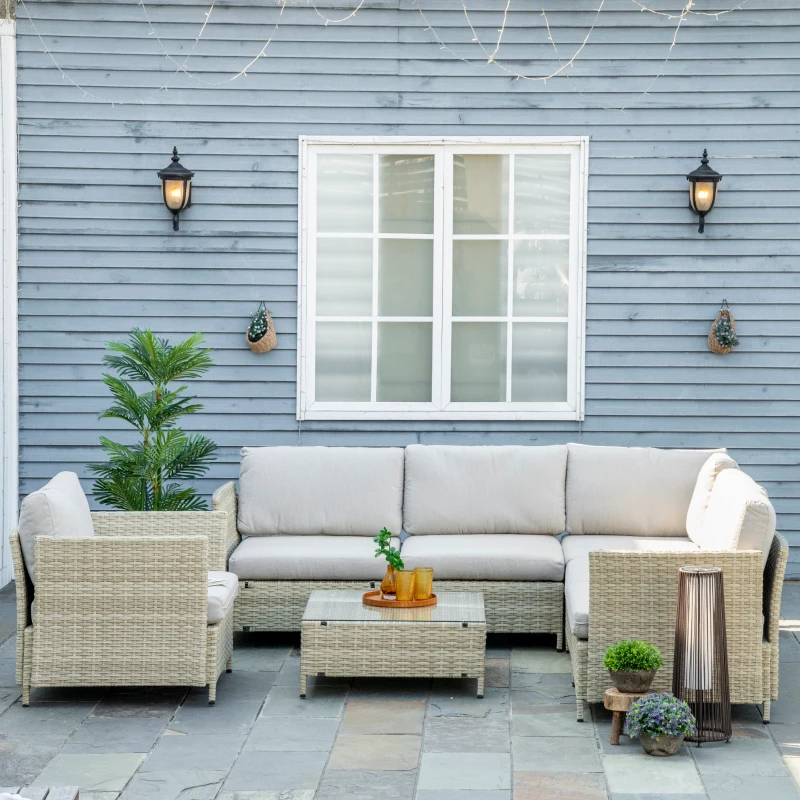 Outsunny Salotto da Giardino 7 Pezzi Modulabile in Rattan PE con Cuscini, Beige
