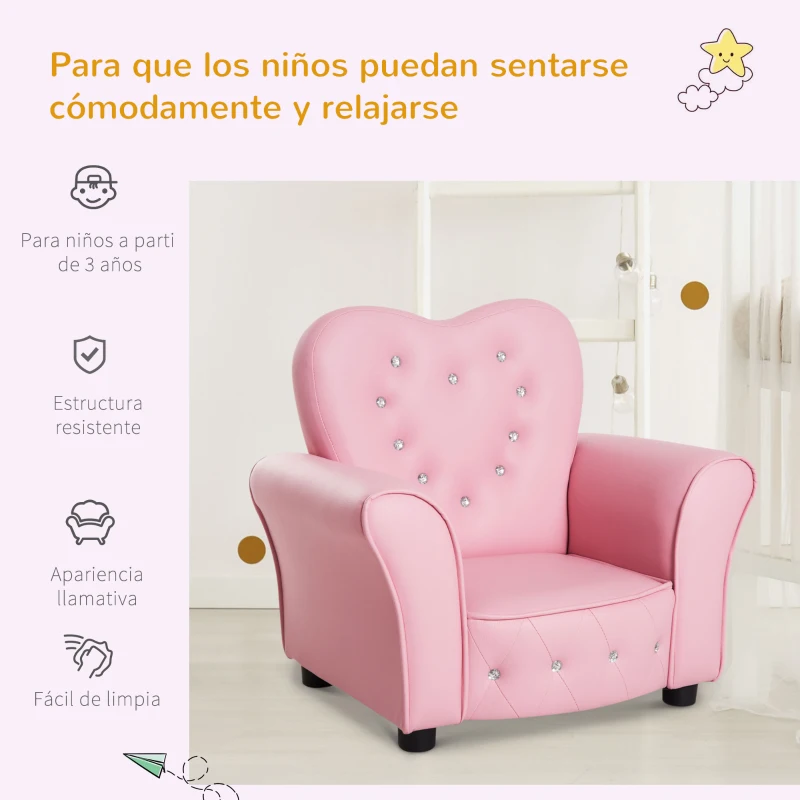 HOMCOM Sillón Infantil Sofá para Niños Decorativo en Forma de Corazón con Asiento Reposabrazos Acolchados Respaldo Alto 59x41,5x49 cm Rosa