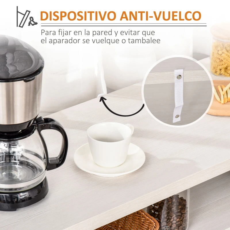 HOMCOM Aparador de Cocina Mueble Auxiliar de Comedor con 2 Armarios con Puerta de Vidrio Estante Ajustable Compartimentos Abiertos 116x39,5x86,5 cm Blanco