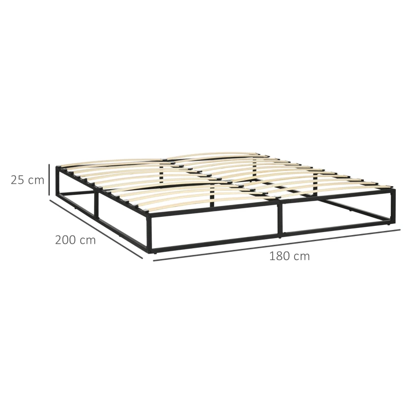 HOMCOM Marco de Cama de 180 cm Estructura de Cama de Acero con Somier de Listones de Madera Contrachapada 180x200x25 cm Negro