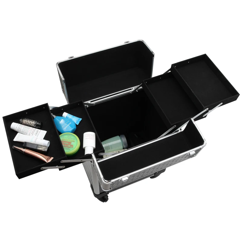 HOMCOM Valise trolley maquillage mallette cosmétique vanity poignée télescopique réglable 34L x 24l x 52H cm alu. noir