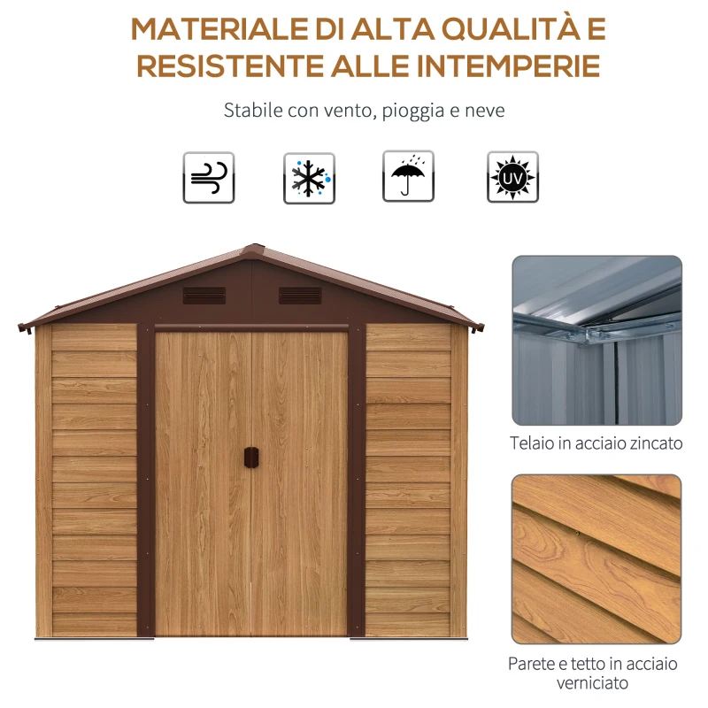 Outsunny Casetta da Giardino Porta Attrezzi in Acciaio con Porte Scorrevoli e Prese d'Aria, 196x236x208cm, Marrone