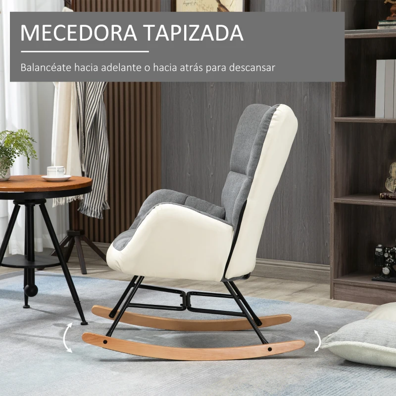 HOMCOM Silla Mecedora Tapizada en Lino y Cuero Sillón Balancín Relax con Asiento Acolchado y Reposabrazos 42x46x47 cm Gris