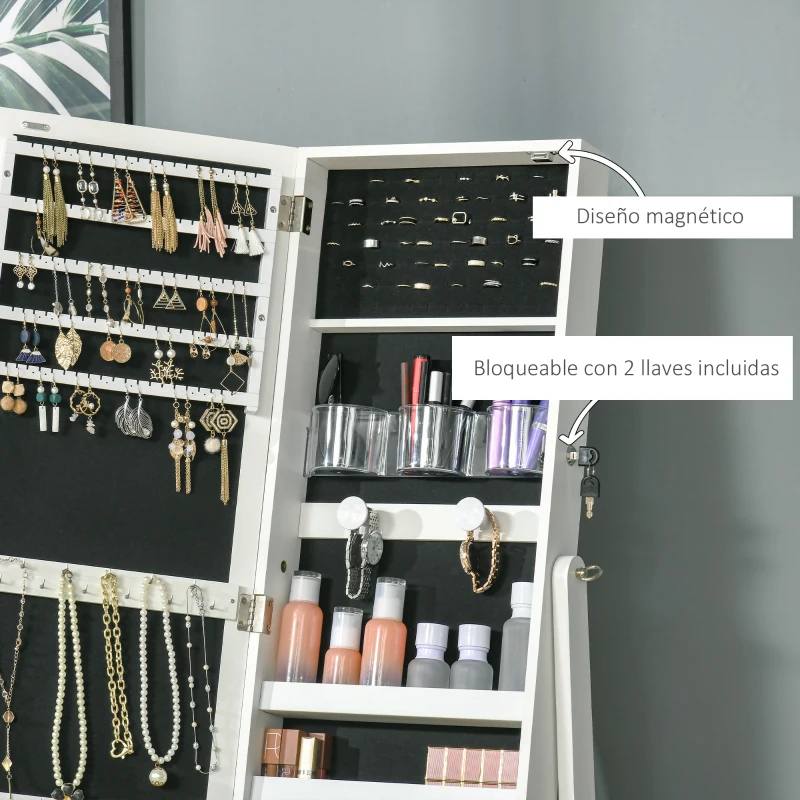 HOMCOM Armario de Joyería con Tira de Luces LED Cerradura Magnética y Estantes Ranuras para Anillos 46x36,5x151,5 cm Blanco