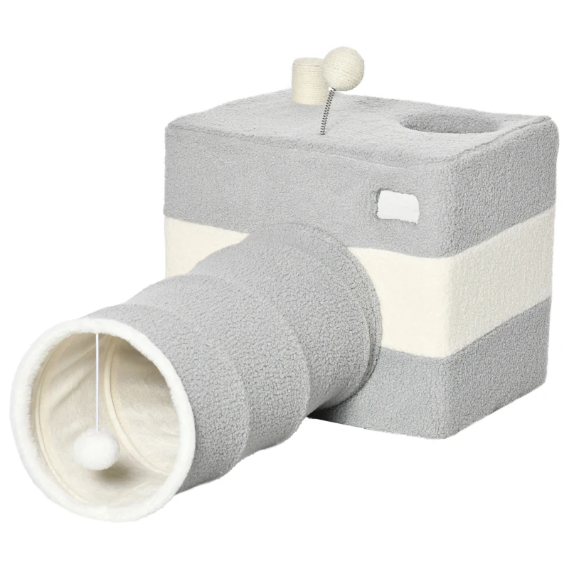 PawHut Túnel para Gatos con Cueva Tubo de Juguete para Mascotas con Orificio Superior y Bola Colgante 48x95x58 cm Gris